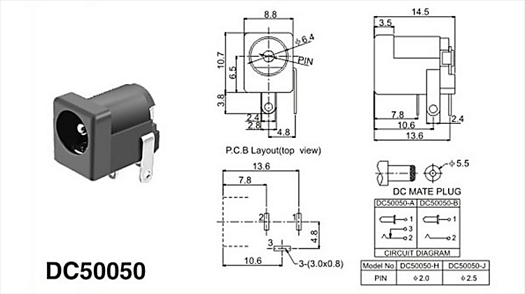 5.5MM*2.1MM Pin Size DIP DC Power Jack